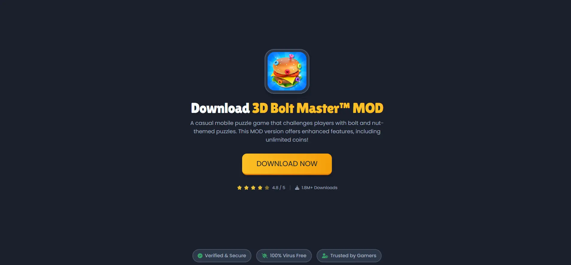 Screenshot of the 3D Bolt Master MOD interface showing an unlimited coin balance at the top of the screen.